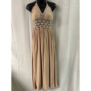 LILBETTER Maxi Dress Beige Crochet Backless Bohemian Halter‎ Medium Beachy
